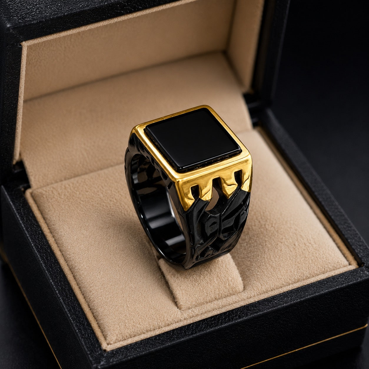 Mens square black stainless steel onyx signet ring